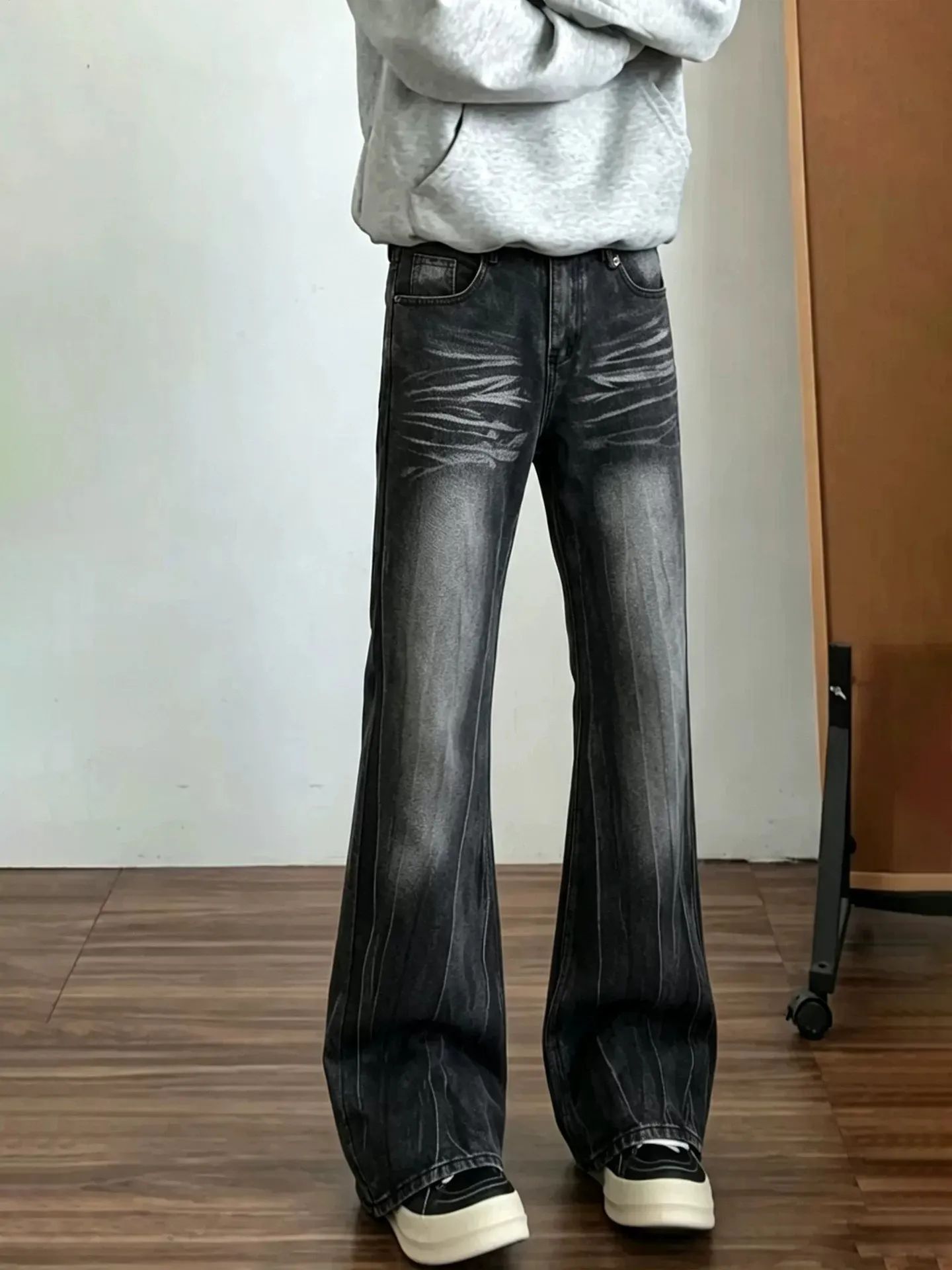 Black Lightning Pattern Flared Jeans Men's Extended Straight Leg High Waist Trousers Long Loose Fit Casual Jeans
