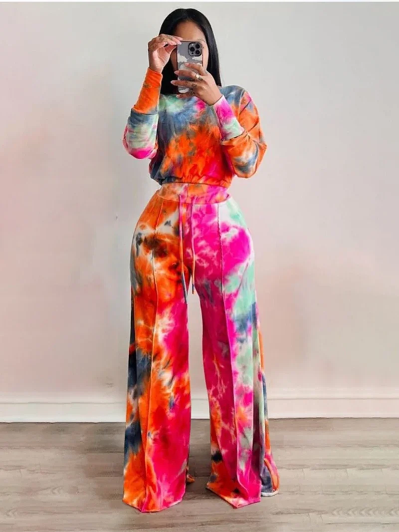 Fashion Tie Dye Off Shoulder Tracksuit Women Two 2 Piece Set Outfits Autumn Clothing Crop Top and Wide Leg Pants Suit Woman Sets