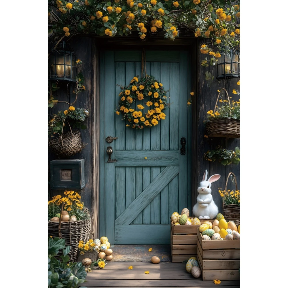 Spring Easter Photography Backdrop Garden Flower Rabbit Egg Bunny Wooden Door Floral Kids Birthday Party Background Photo Studio