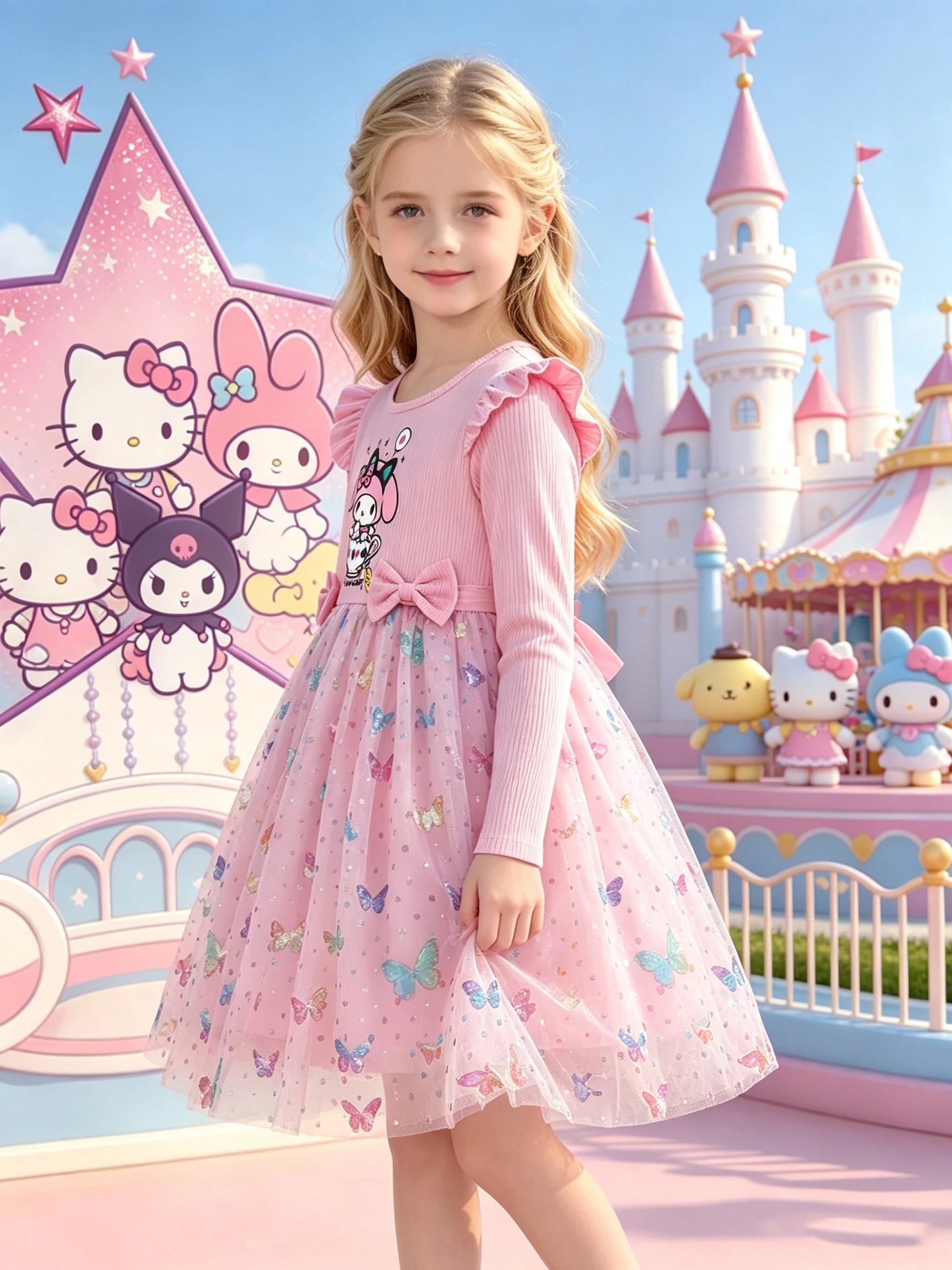 Girls My Melody Long Sleeve Princess Dress, Pink Bow Butterfly Sequin Tulle Tutu Dress