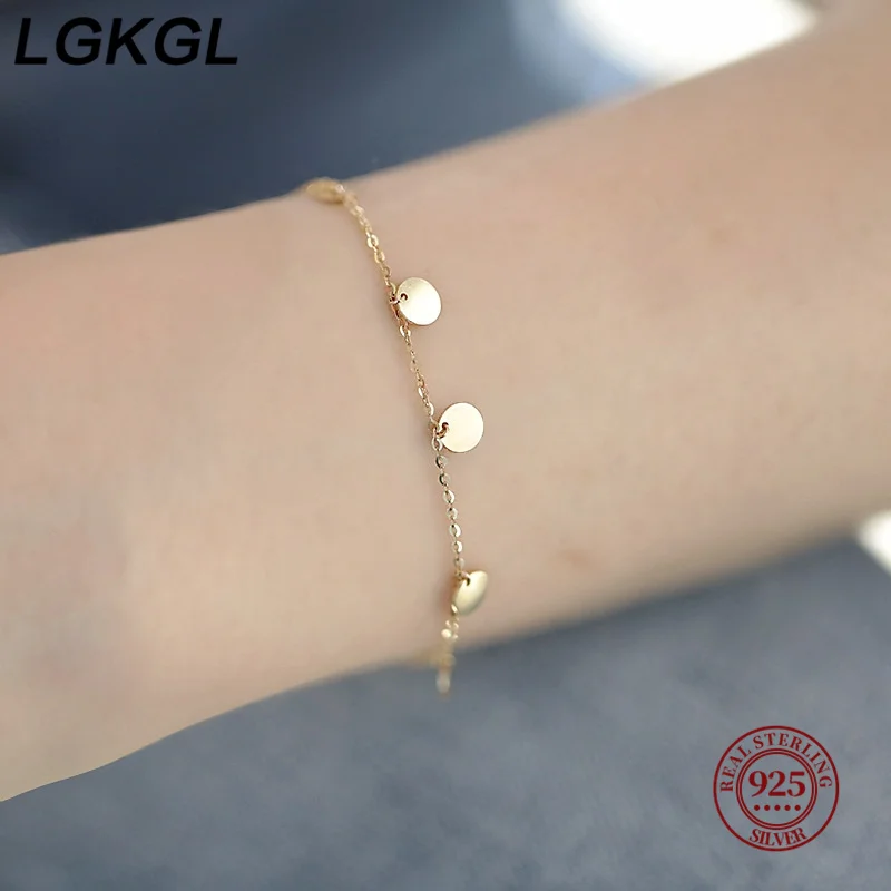 LGKGL S925 Sterling Silver 14k Gold Plated Shiny Disc Bracelet for Women Korean Fashion Simple Temperament Jewelry