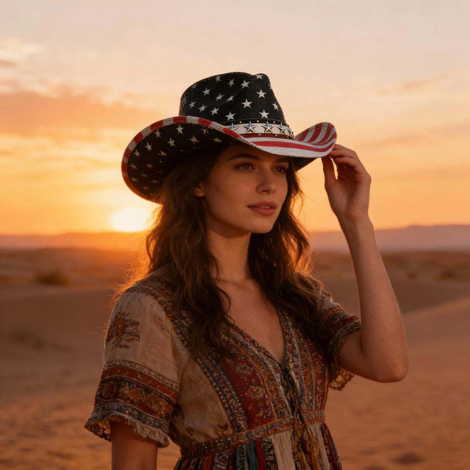 4th of July Cowgirl Hat for Women Men American Flag Star Stripe Print Wide Brim Western Cap