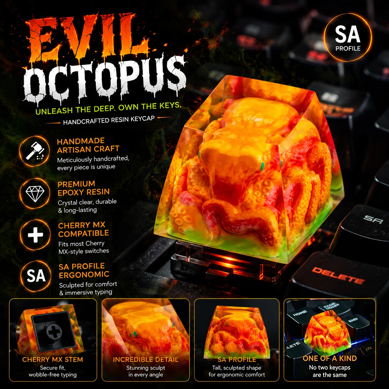 

Artisan Keyboards Keycaps Evil Octopus Resin Custom ESC 1U SA R1 Handmade for MX Switch Mechanical Keyboards Keycap