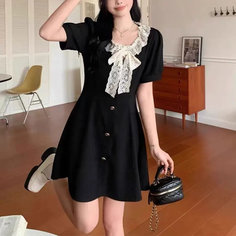 

Fashion Vintage Lace Bow Dresses Spliced Female Clothing Elegant A-Line Waist Summer O-Neck Casual Short Sleeve Basic Mini Dress