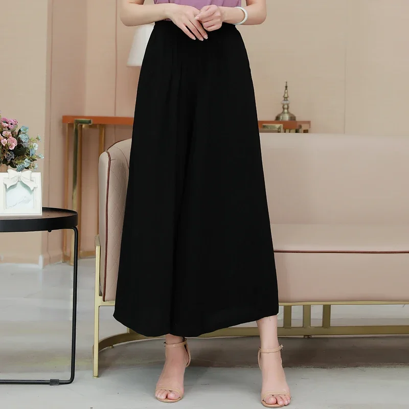 

New Summer Black Wide Leg Pants Women Elastic Waist Loose Solid Color Cotton Linen Trousers Casual Korean Pants