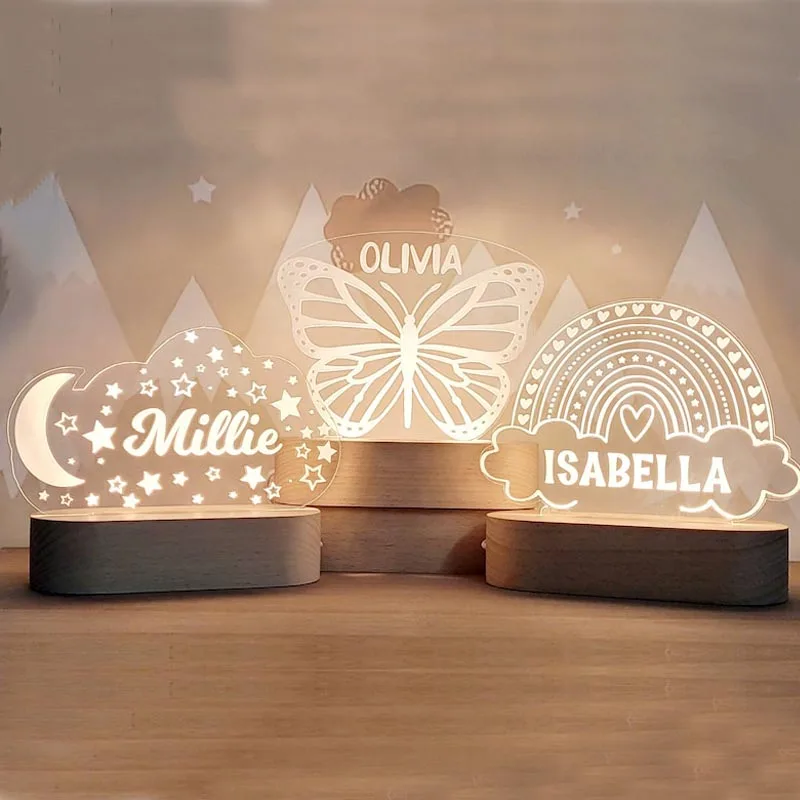 Custom Name Night Light Moon Butterfly for Kids Room Decor Personalize Acrylic Plaque New Baby Birthday Gift Wooden Ornaments
