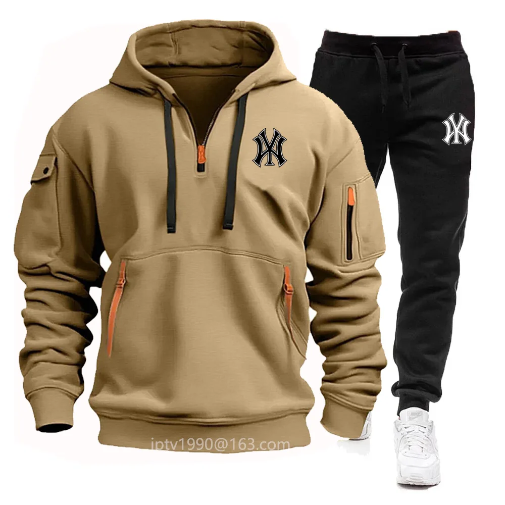 

Autumn and winter men's multi-pocket zipper hooded long-sleeved hoodie + casual fitness jogging pants suit sportswear 2 sets