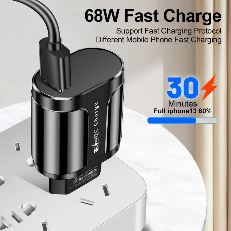 68W Fast USB Charger Quick Single Port Charge 3.0 Wall Charger Adapter For IPhone 13 12 11 Samsung Huawei EU/US Phone Charger