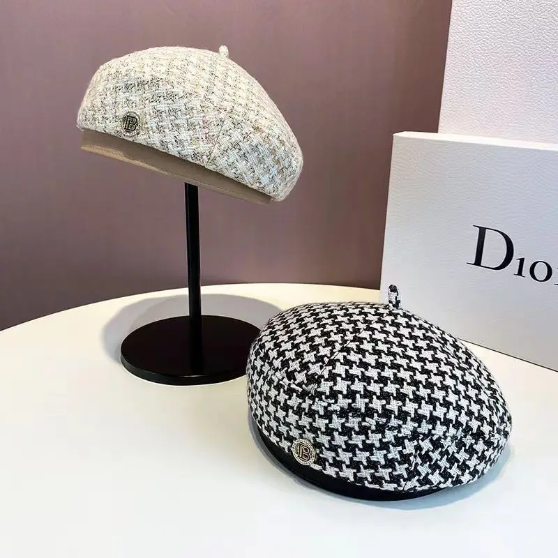 Women\'s Hat Beret 2023 New Fashion All-match Houndstooth Female British Retro Octagonal Hat Painter Hat Autumn Women\'s Kepi