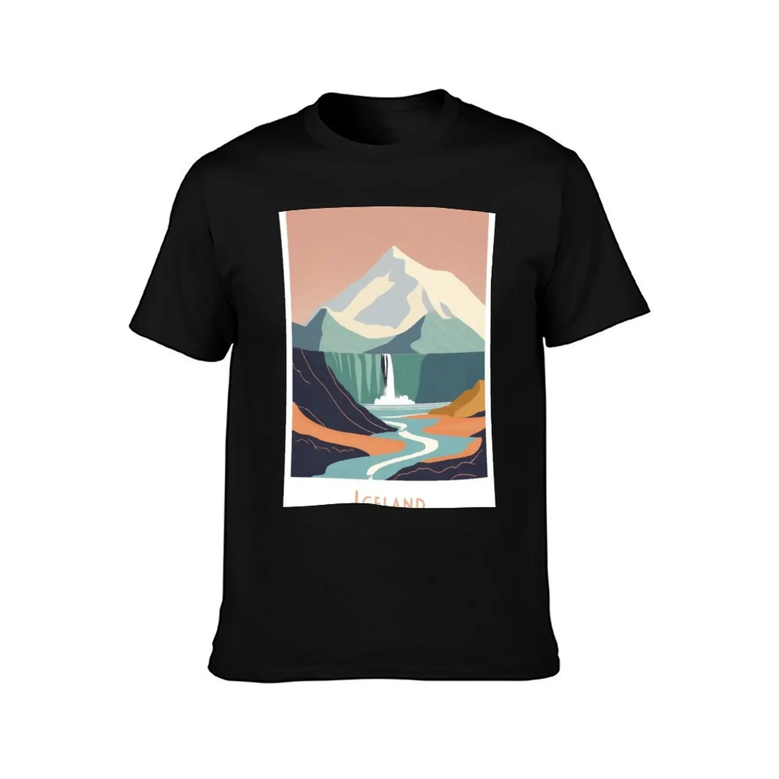 Vintage Minimal Retro Travel Poster Waterfall in Iceland T-Shirt Summer Casual Cotton Tee Oversized Streetwear Tops