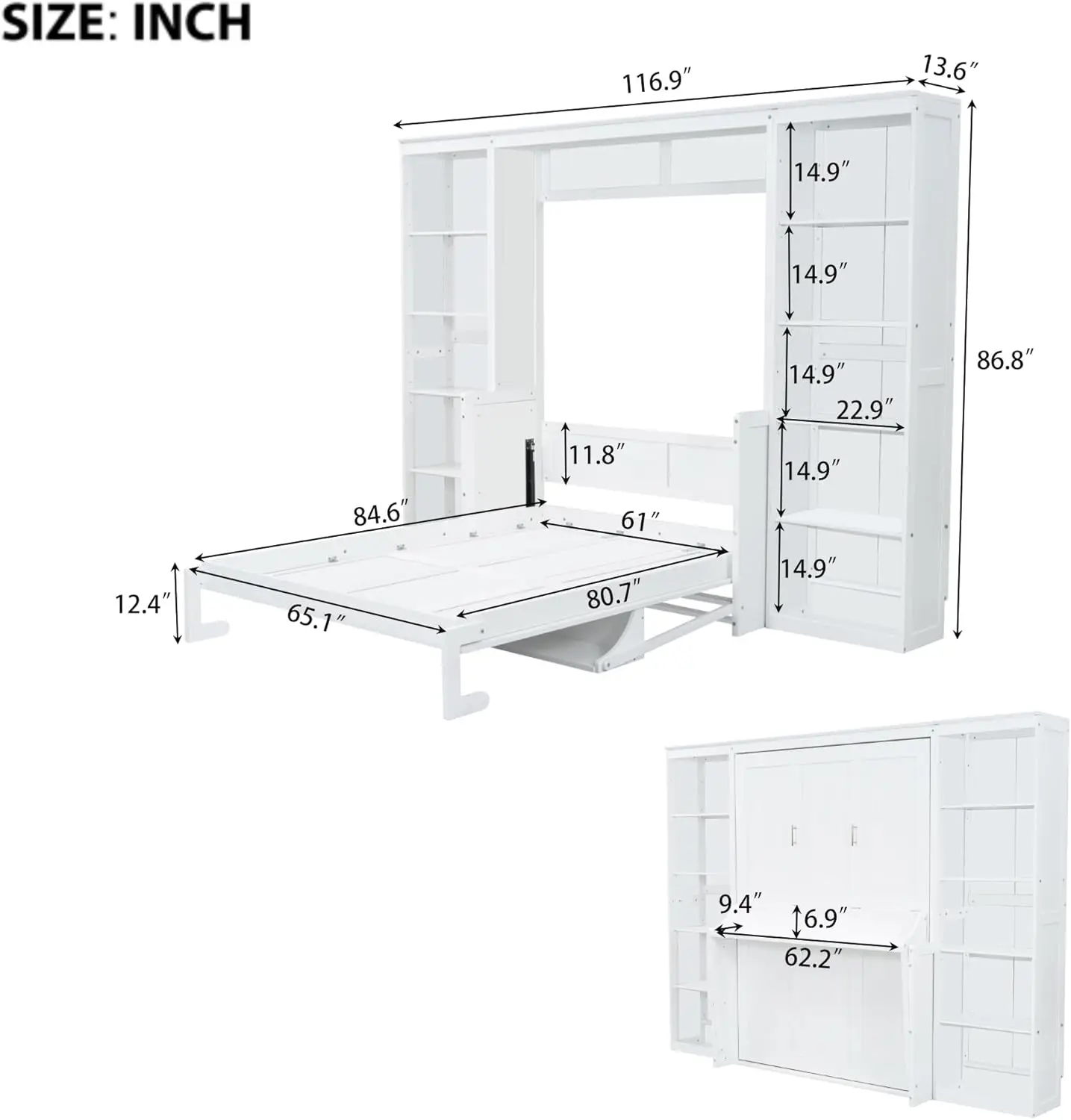 Modern Queen Size Murphy Bed with Desk and Bookshelf, Muti-Functional Wood Wall Bed for Home Office