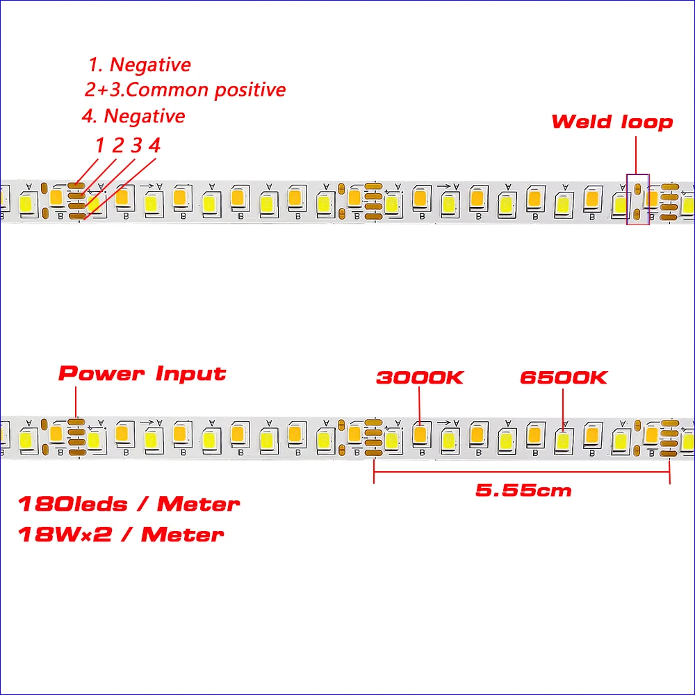 COMPSON (4 solder joints) 5 meters 2835-180D-8mm 5B9C×2 Constant Current LED Strip Ribbon 18W×2/Meter 3colors light belt.