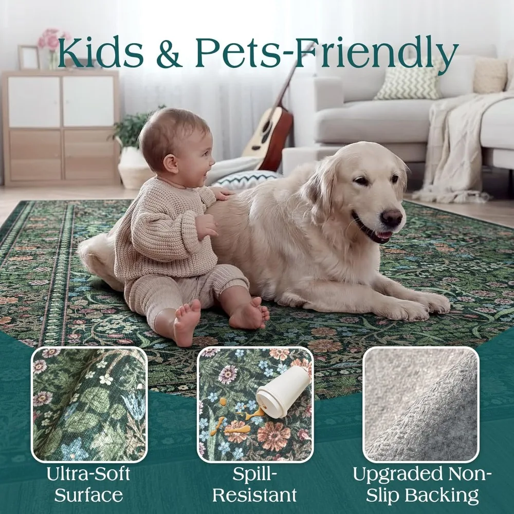 Large 9x12 Dark Green Boho Style Living Room Rug with Floral Design, Stain Resistant and Soft Low Pile