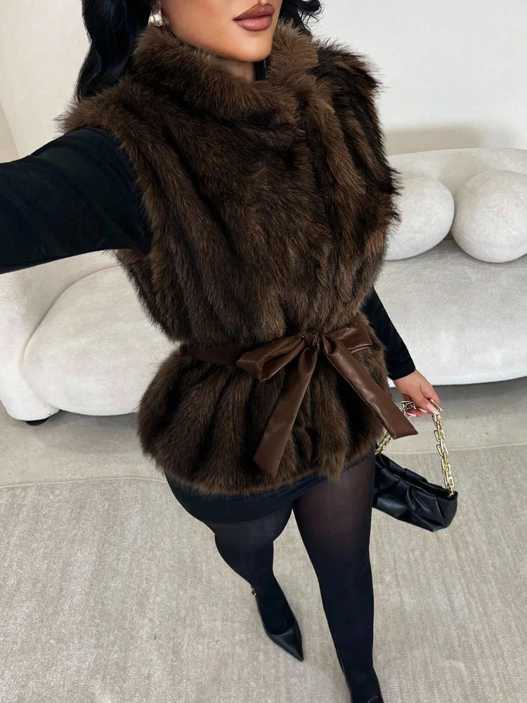 Women Faux Fur Vest Coats Jackets Stand Collar Vest Coat Thick Warm Y2k Streetwear Jacket Elegant Work Tight Waist Autumn Winter 6