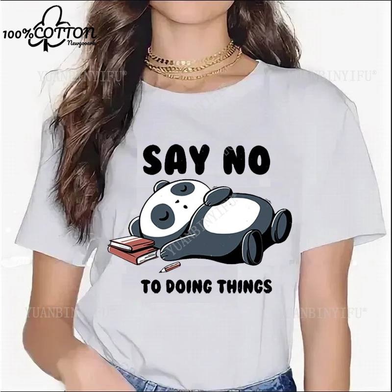 لطيف الحيوان الكرتون الباندا نمط السيدات المألوف تي شيرت القطن طباعة الترفيه أزياء الشارع فضفاضة