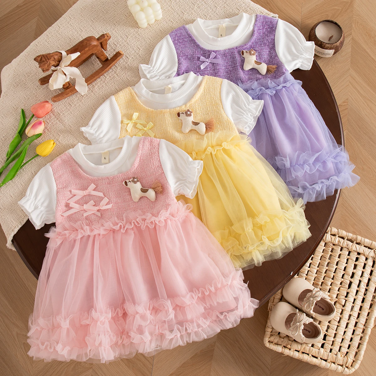 Sweet Beauty Baby Dress Summer New Short Sleeved Mesh Tutu Princess Dress Girl's First Birthday Dress Children's Clothing