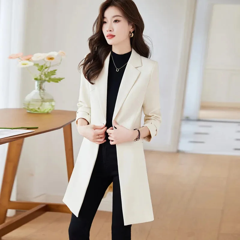 Mid length Suit Jacket windbreaker Coat Women's Spring Autumn 2024 New Black Korean Blazers Top Female Slim Casual Outwear