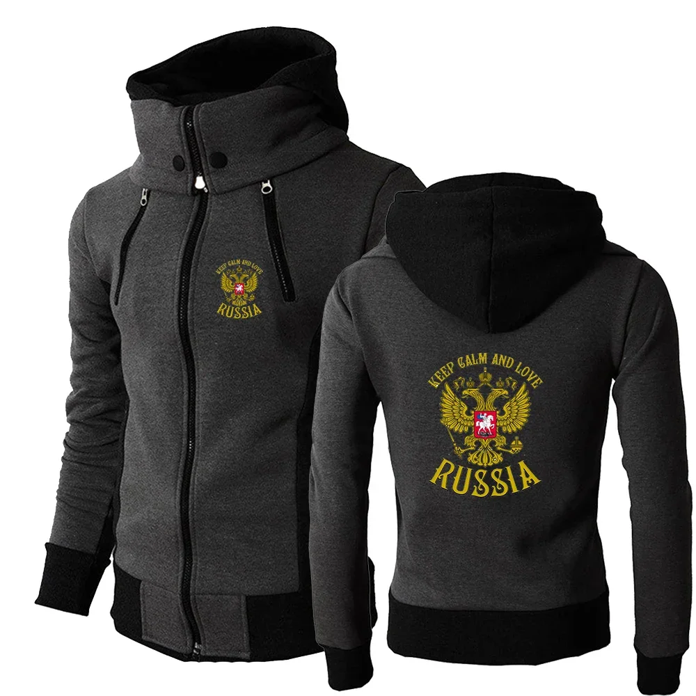 

Russia Badge Gold Eagle Printing Autum Winter Men's Fashion Zipper Hoodie High-Necked Hooded Zip-Up Sports Pullover Hoodie