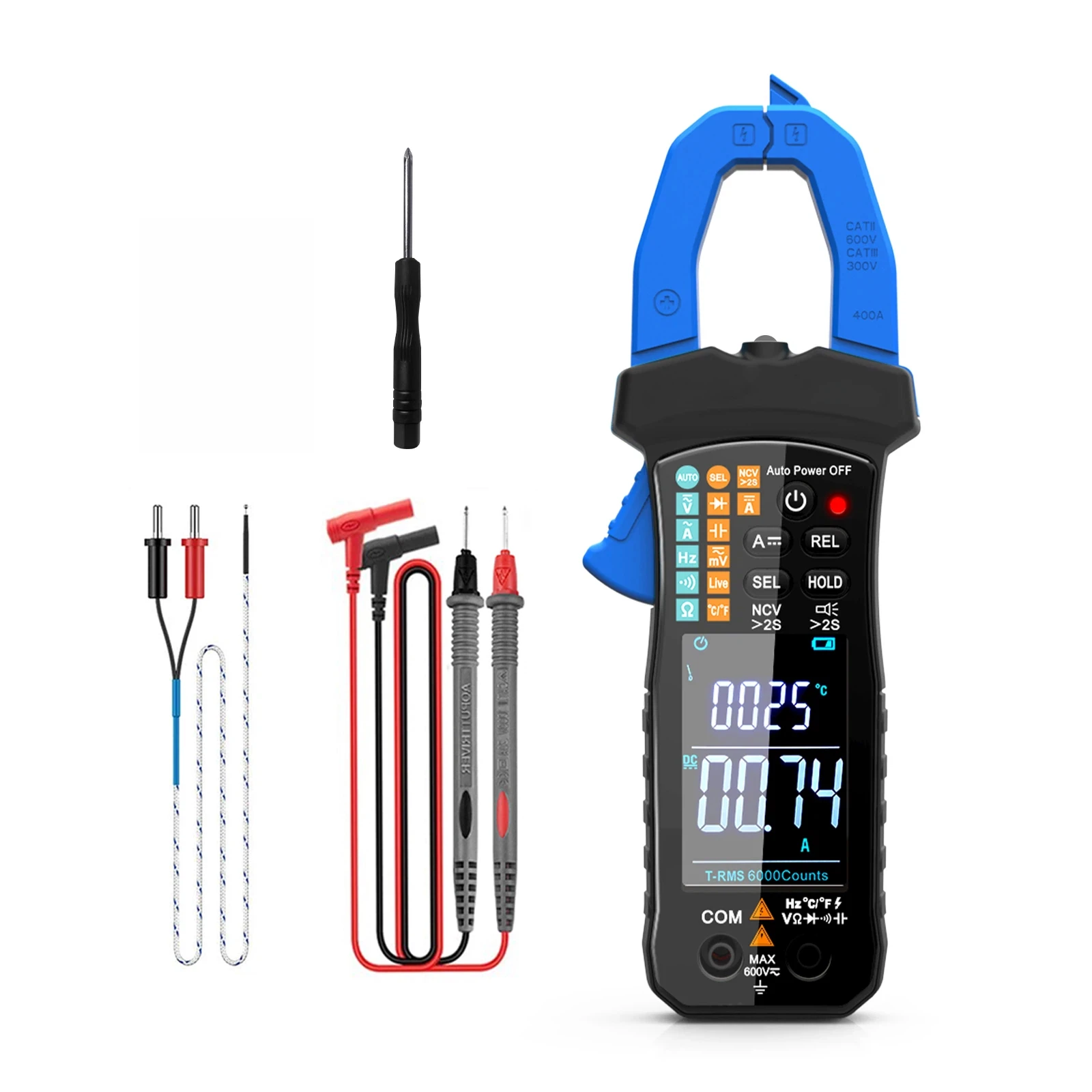 6000-count clamp multimeter 60A/400A dual range, voltage, current, resistance, capacitance, temperature