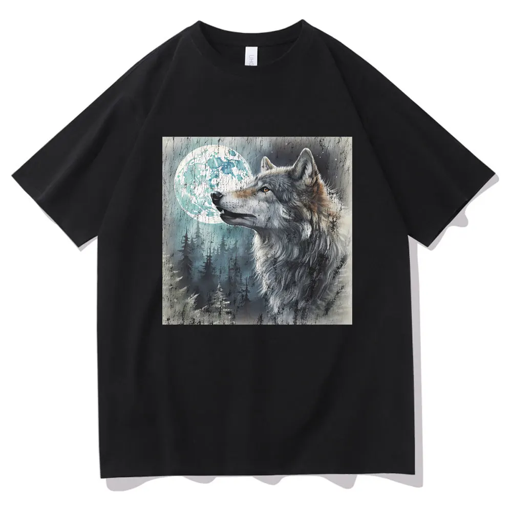 

Vintage Wolf Moon Graphic Print Tshirt Men Women Wolf Lovers Casual Gothic Rock Classic T-shirt Male Casual Oversized Streetwear