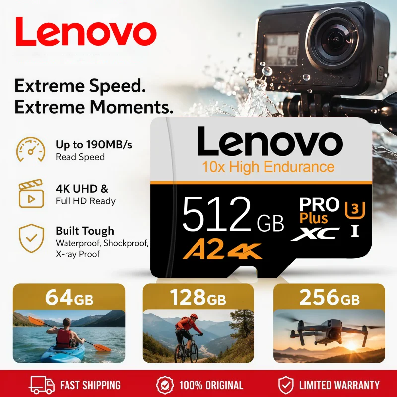 Carte mémoire Micro TF SD haute vitesse Lenovo, carte flash TF 128 Go 256 Go 512 Go 1 To A2 V30 4K Full HD pour caméra d'action GoPro