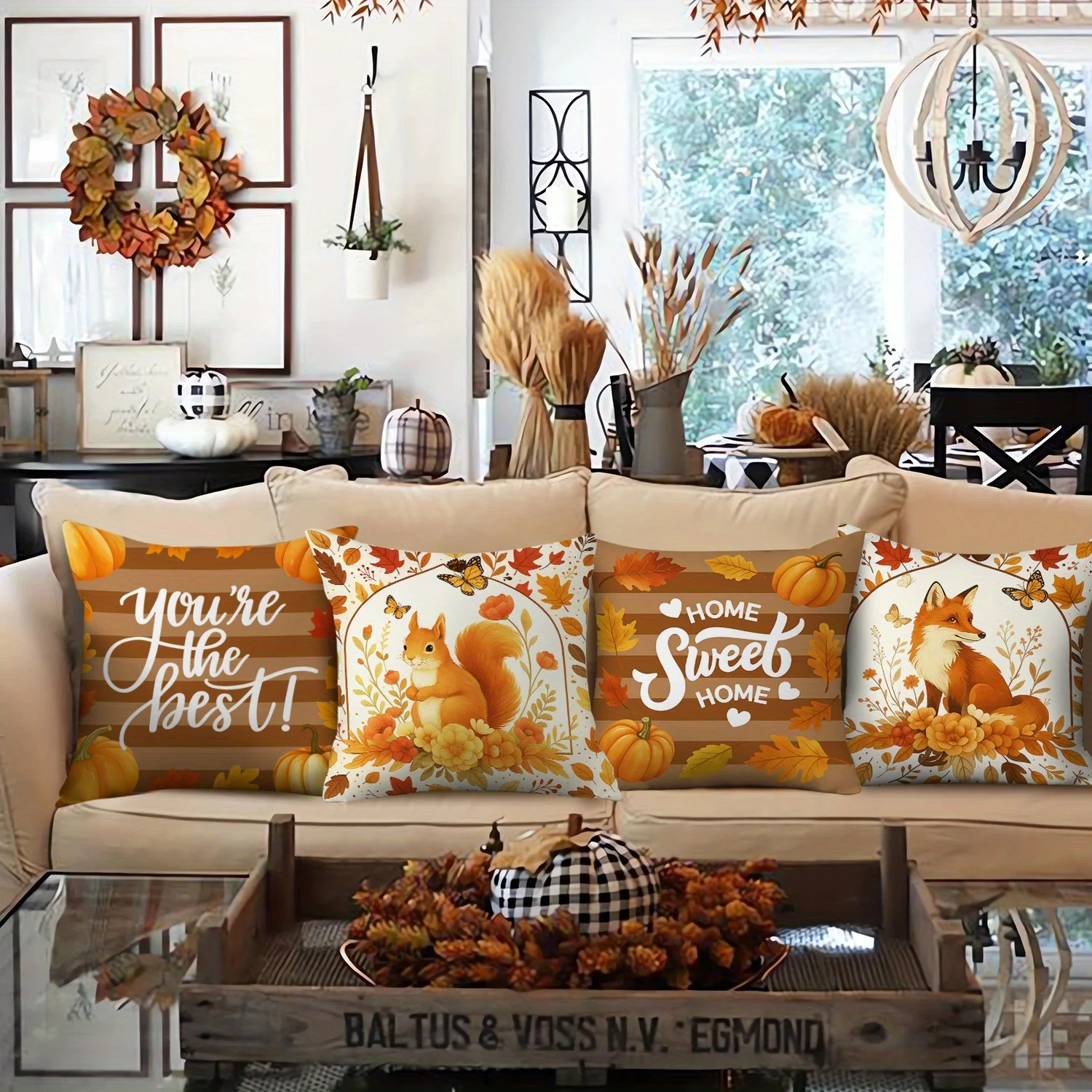 4pcs Cozy Autumn-Themed Throw Pillow Covers - Brown Striped Pumpkin, Eucalyptus Leaves, Fox & Squirrel Designs
