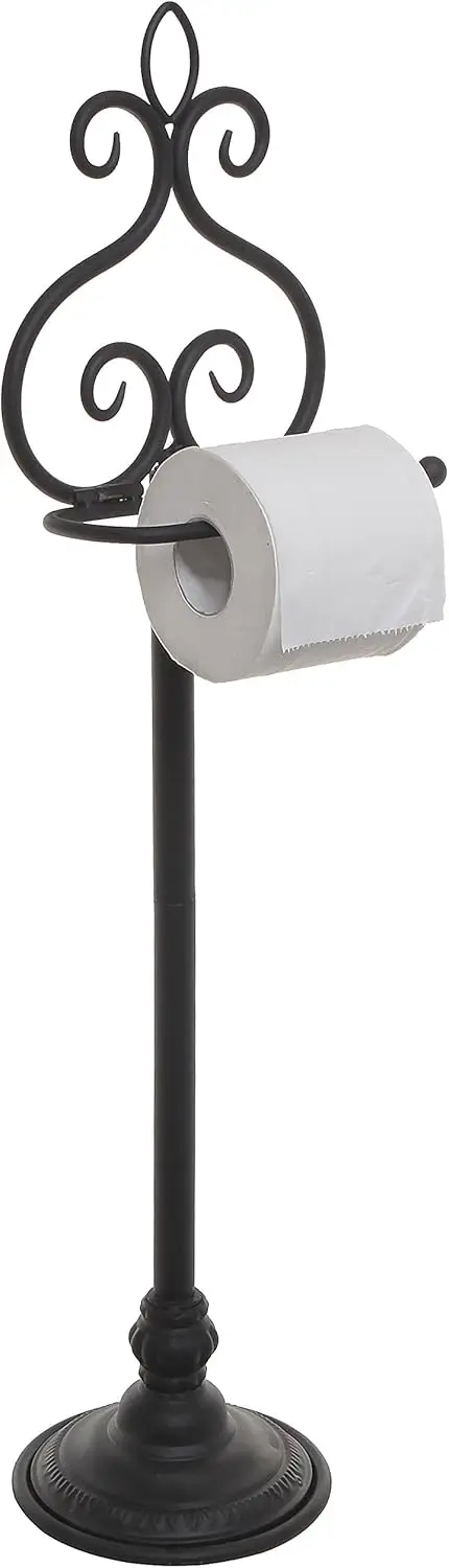

Free Standing Toilet Paper Holder with Black Metal Scrollwork Design, Single Roll Bathroom Tissue Stand
