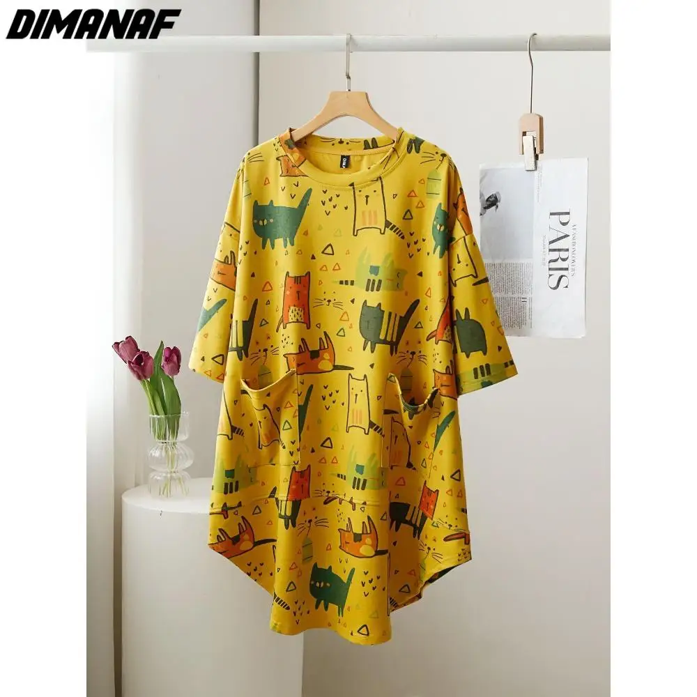 Dimanaf 2024 Plus Size Summer Women Cartoon Cat T-Shirts Cotton Tops Tees Loose Casual Kawaii Print Loose Tops Yellow T-Shirt