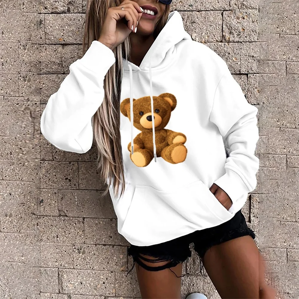 Autumn Women Hoodies Long Sleeve O-Neck Cute Bear Print Fashion Female Street Casual Commuter Tops Clothing Pullover Sweatshirt