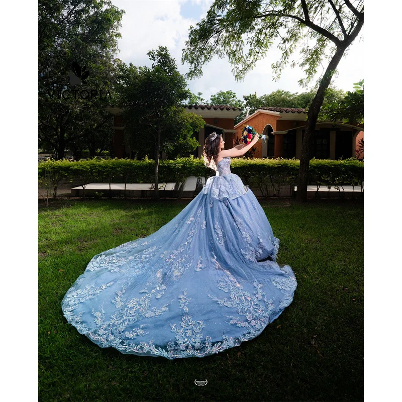 Elegant 3D Floars Quinceanera Dresses With Appliques Ball Gown Sweet 16 Customized Corset Sweep Train Tulle Masquerade Gowns