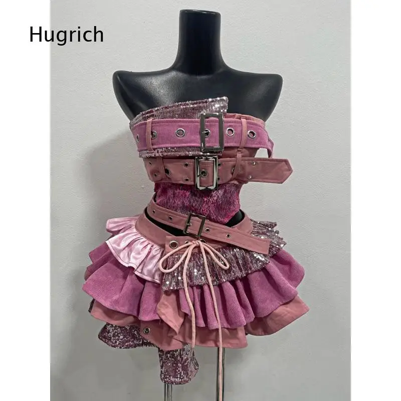 Women's Pink Ruffled Stage Performance Outfit with Belted Corset Top and Layered Mini Skirt Set for Dance or Party Events