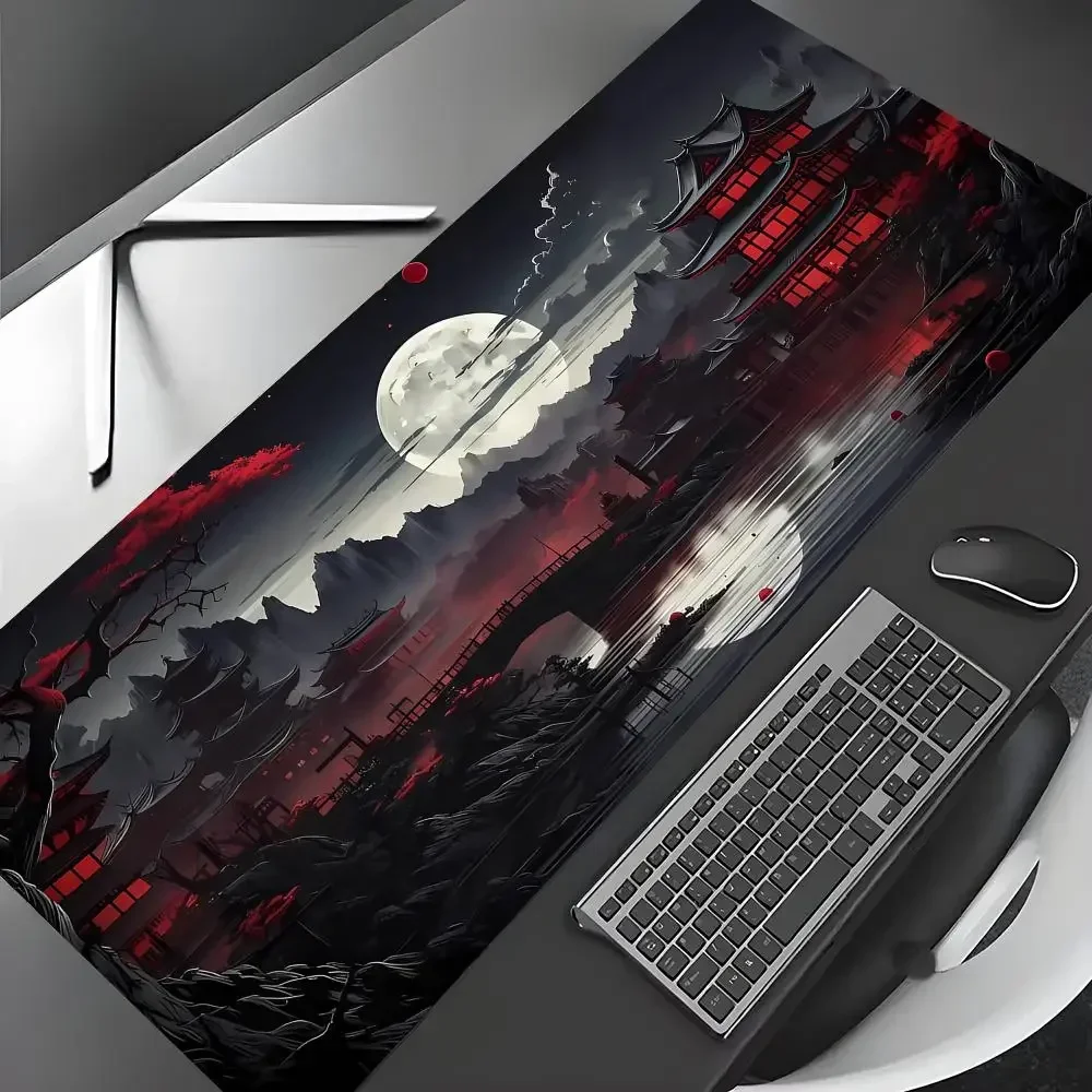 Japanese Red Maple Ocean Wave Large Gaming Mouse Pad Sunset Moon Landscape Non‑Slip Rubber Extended Desk Keyboard Mat for Gamer