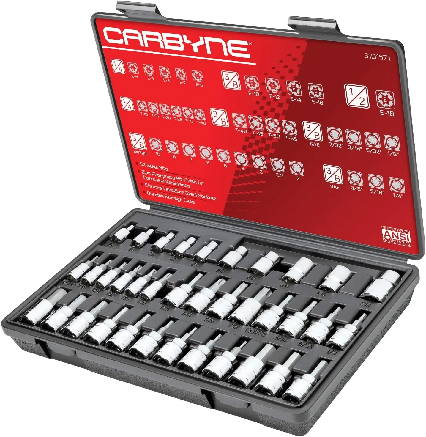 

Bit Socket & E-Torx (E-Socket, External Torx, Female Torx) Socket Set - 36 Piece, S2 Steel | 1/4", 3/8" & 1/2" Drive Hand