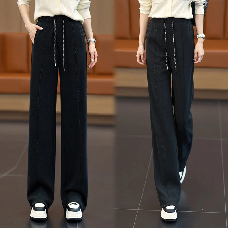 Celana Lebar Model Pisang Bahan Wol Sederhana untuk Musim Gugur dan Musim Dingin, Celana Kasual Elegan untuk Kerja, Pinggang Tinggi, Efek Langsing