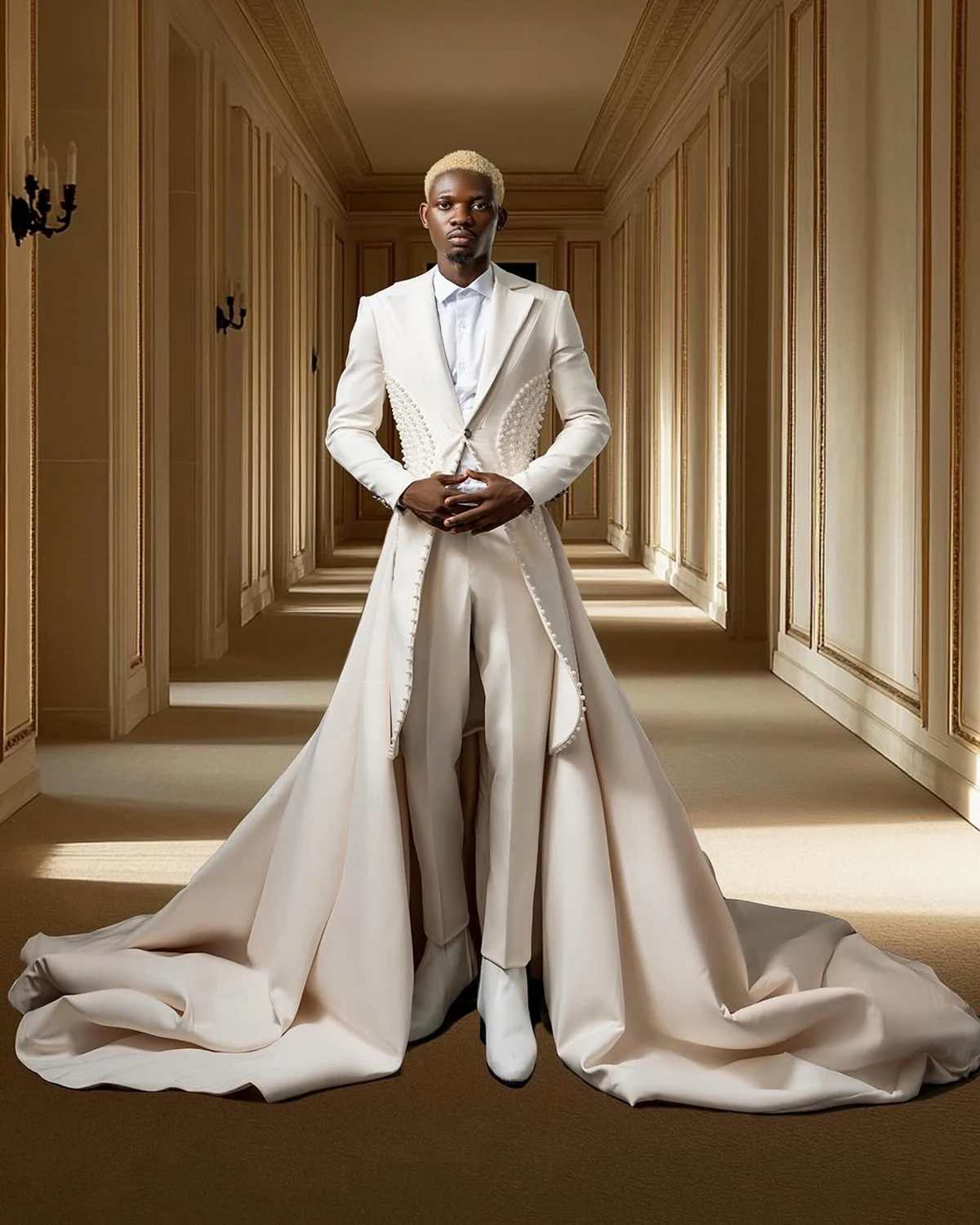 ปรับแต่ง 2 ชิ้นชายชุดแต่งงาน Blazer กางเกงปกติ Fit Notch Lapel หนึ่งปุ่มประดับด้วยลูกปัด Penal Brilliant ชุดสํานักงานธุรกิจ