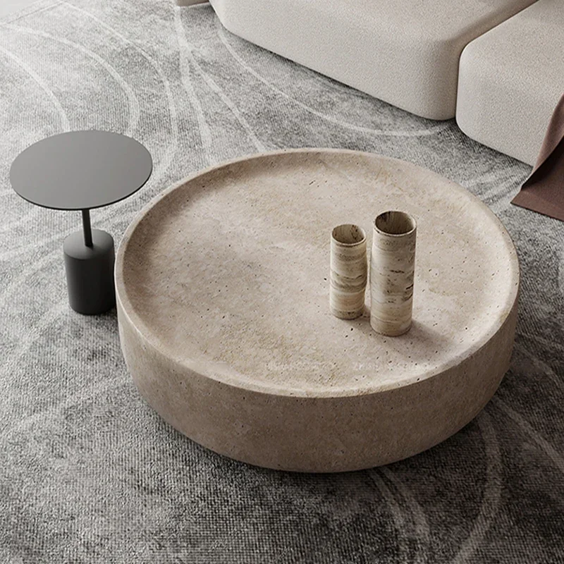 Natural Marble Handmade Retro Wabi-Sabi Travertine Stone Light Luxury Designer Circular Coffee Round Table