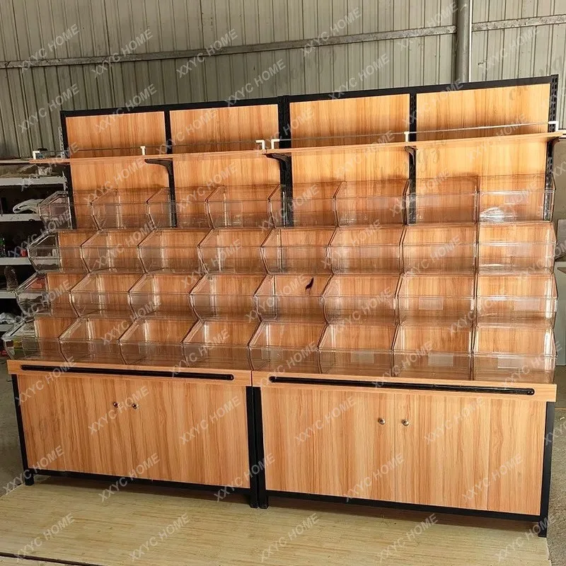 XX supermarket dried fruit candy cabinet loose snacks grains display stand against the wall grain and oil cabinet