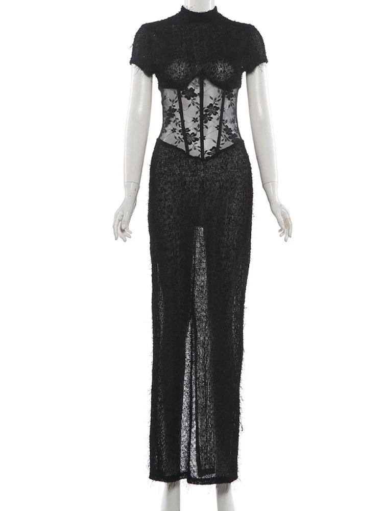 Nibber Sexy Patchwork Lace Maxi Dress Women False Fishbone Decoration o-Neck Button See Through Skinny Party Midnight Vestidos