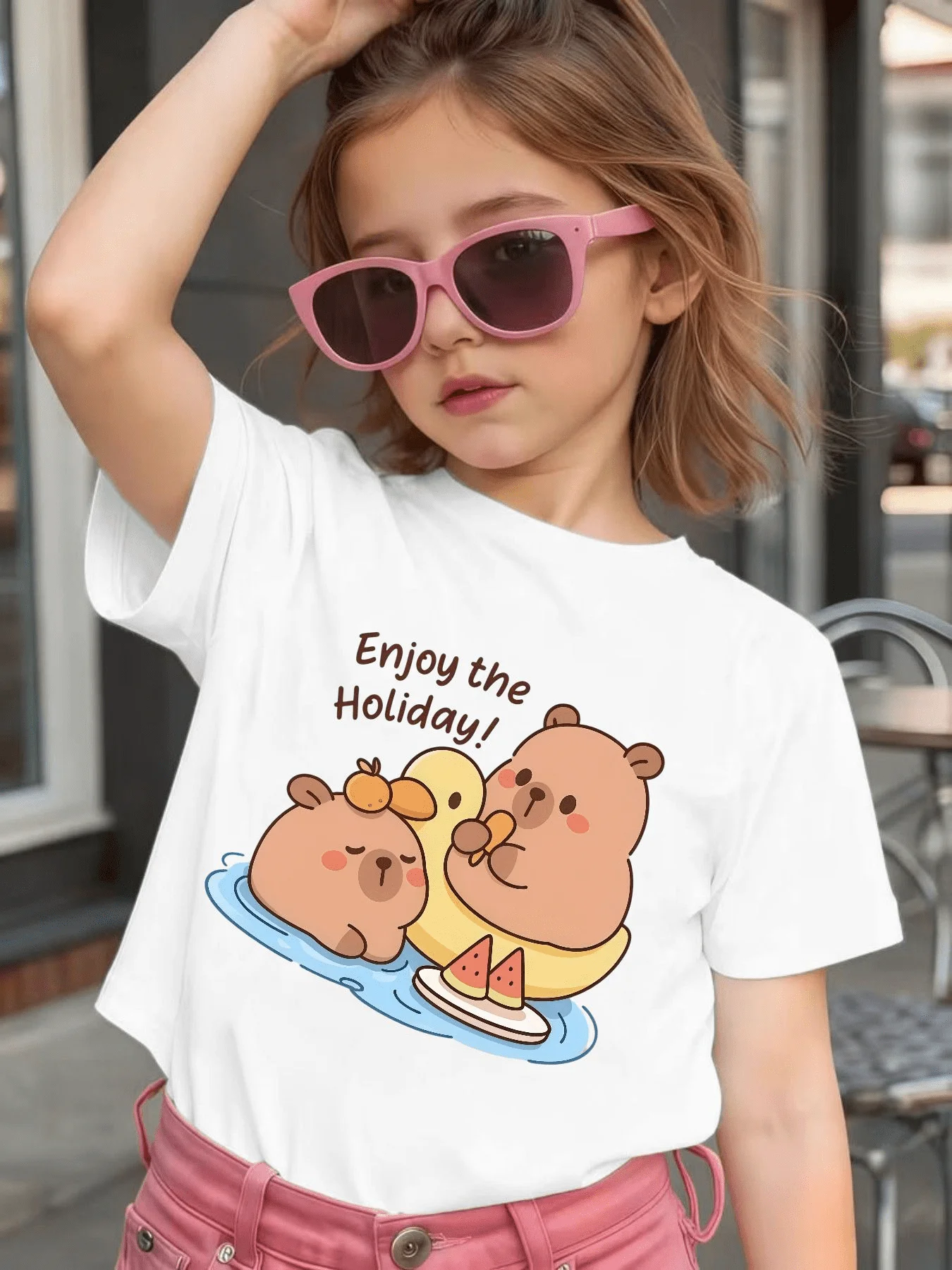 Cute Holiday Capybara And Duck Cartoon Graphic Kids Tee Boys Girls Family Matching Cotton Crew Neck Short Sleeve Soft Summer Tee