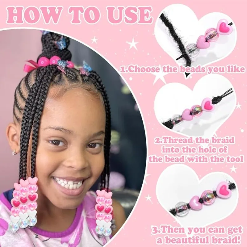 Heart Hair Beads for Braids 116Pcs Large Hole Beads Kit with Beader Tool Storage Box for Black Girls Braids Hair Accessories