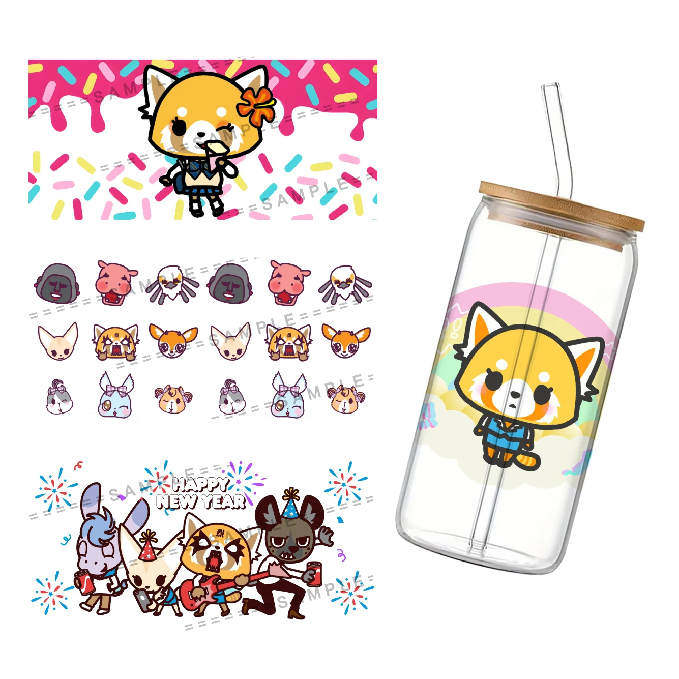 Sanrio Aggretsuko UV DTF Cup Wrap Transfer Sticker for 16 Oz Glass Coffee Cups UV DTF Transfer UV Transfer Crystal Sticker