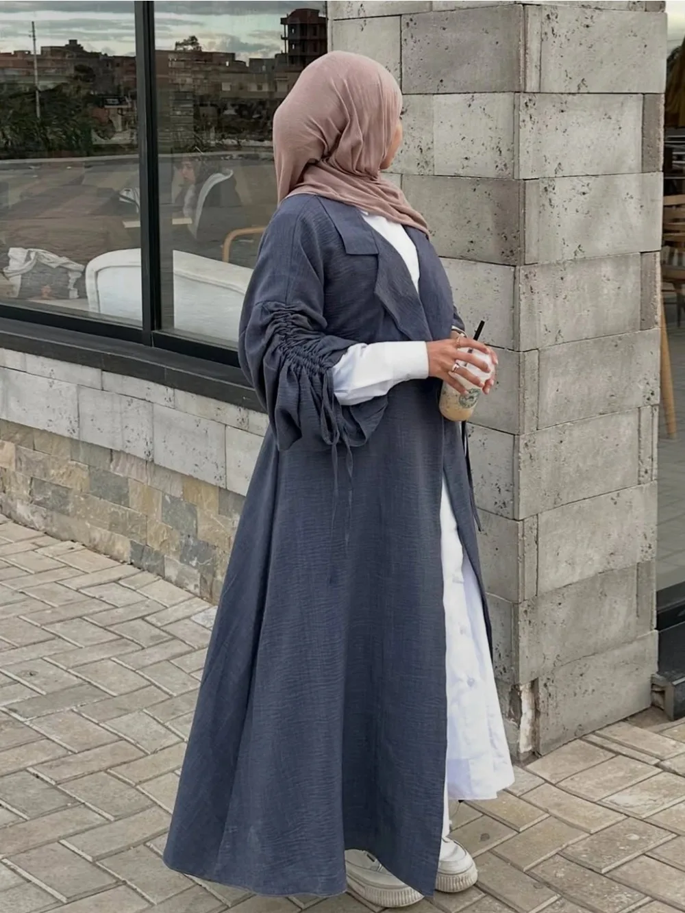 Eid Dubai Women Lapel Abaya Trench Coat Dress Lace-up Cardigan Outwear Muslim Ramadan Mdoest Open Abayas Arab Long Robe Morocco
