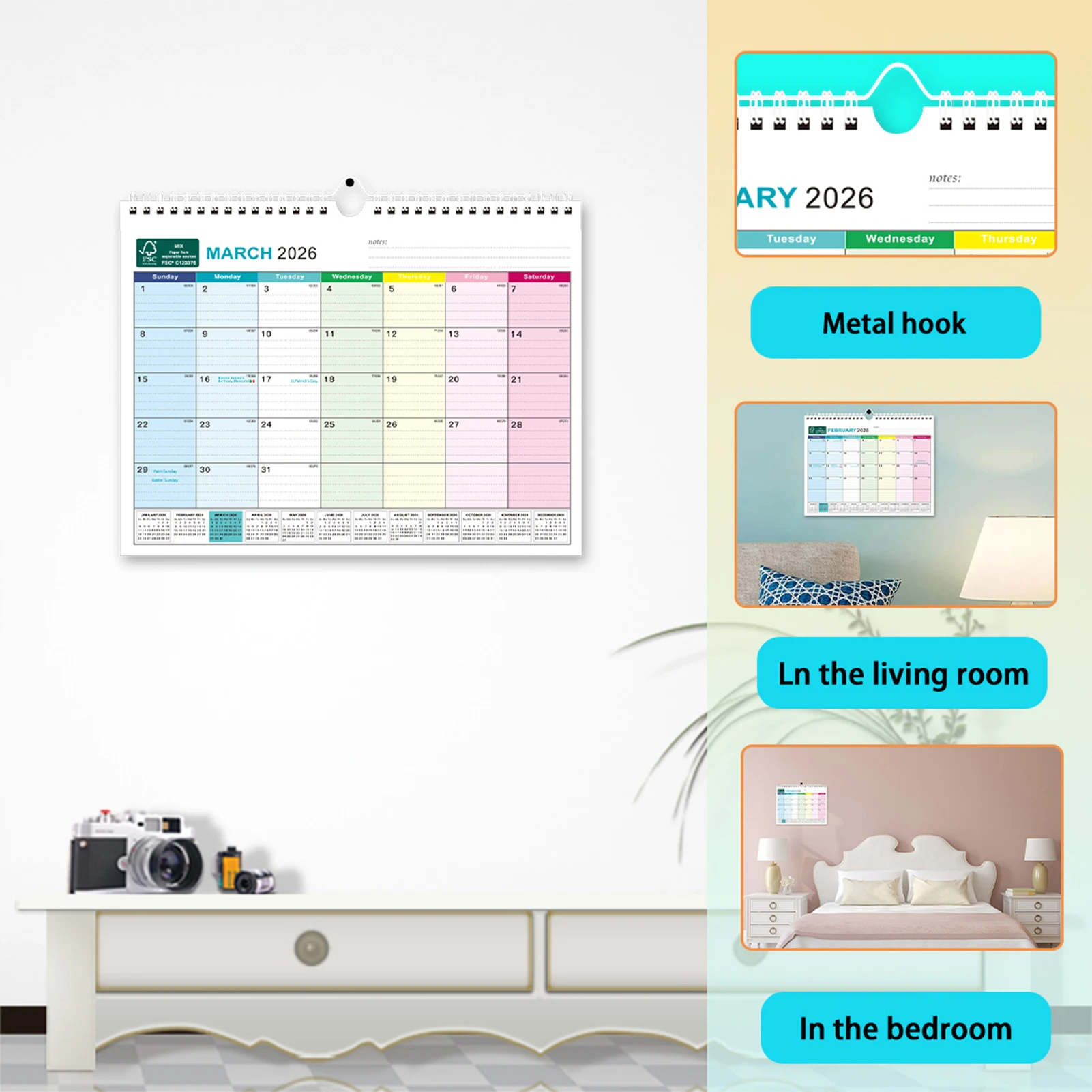 

FSC Certified Wall Calendar 18 Months Multilingual Design with 5 Country Holidays for Office and Home Use