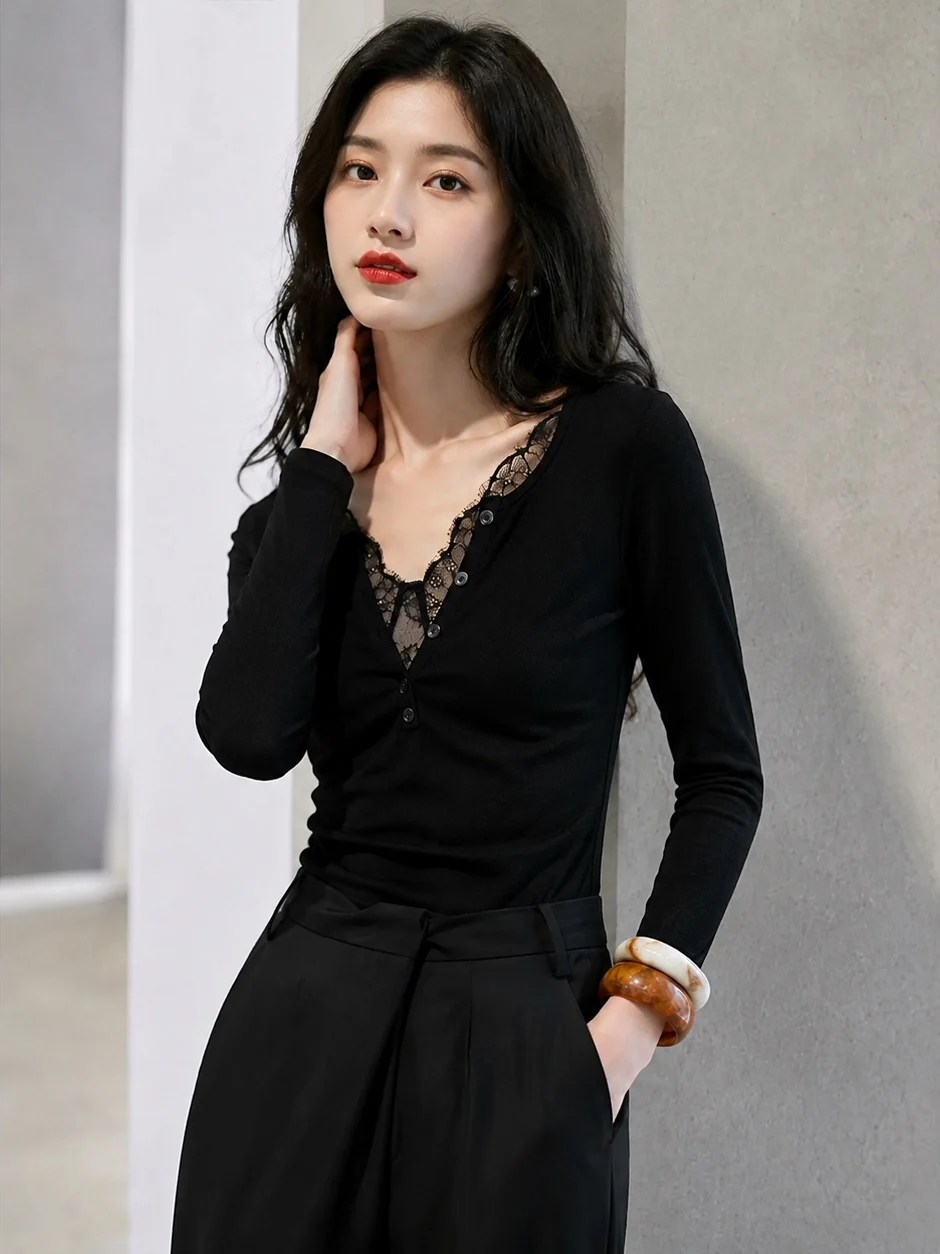 Slimming Long Sleeve T-Shirt Lace Patchwork V-Neck Top Korean Style Commute Fashion Straight Cut Body Shape Highlighting