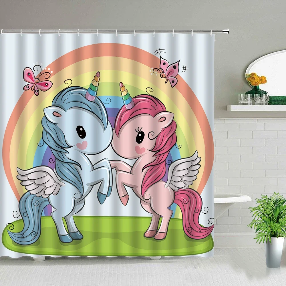 Cartoon Animal Unicorn Shower Curtains Rainbow Butterfly Kids Baby Bathroom Decor Bath Curtain Set Waterproof Fabric With Hooks
