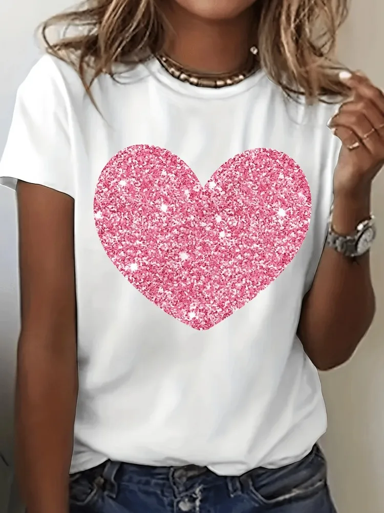 Camiseta con estampado con dibujo de corazón de dibujos animados, pantalón corto informal de manga corta con cuello redondo