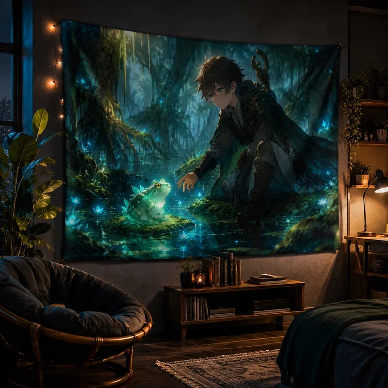 VIKAMA “Fantasy Forest Boy” Anime Tapestry, “Mysterious Jungle” Anime 3D-Printed Wall Hanging, Aesthetic Home Decor