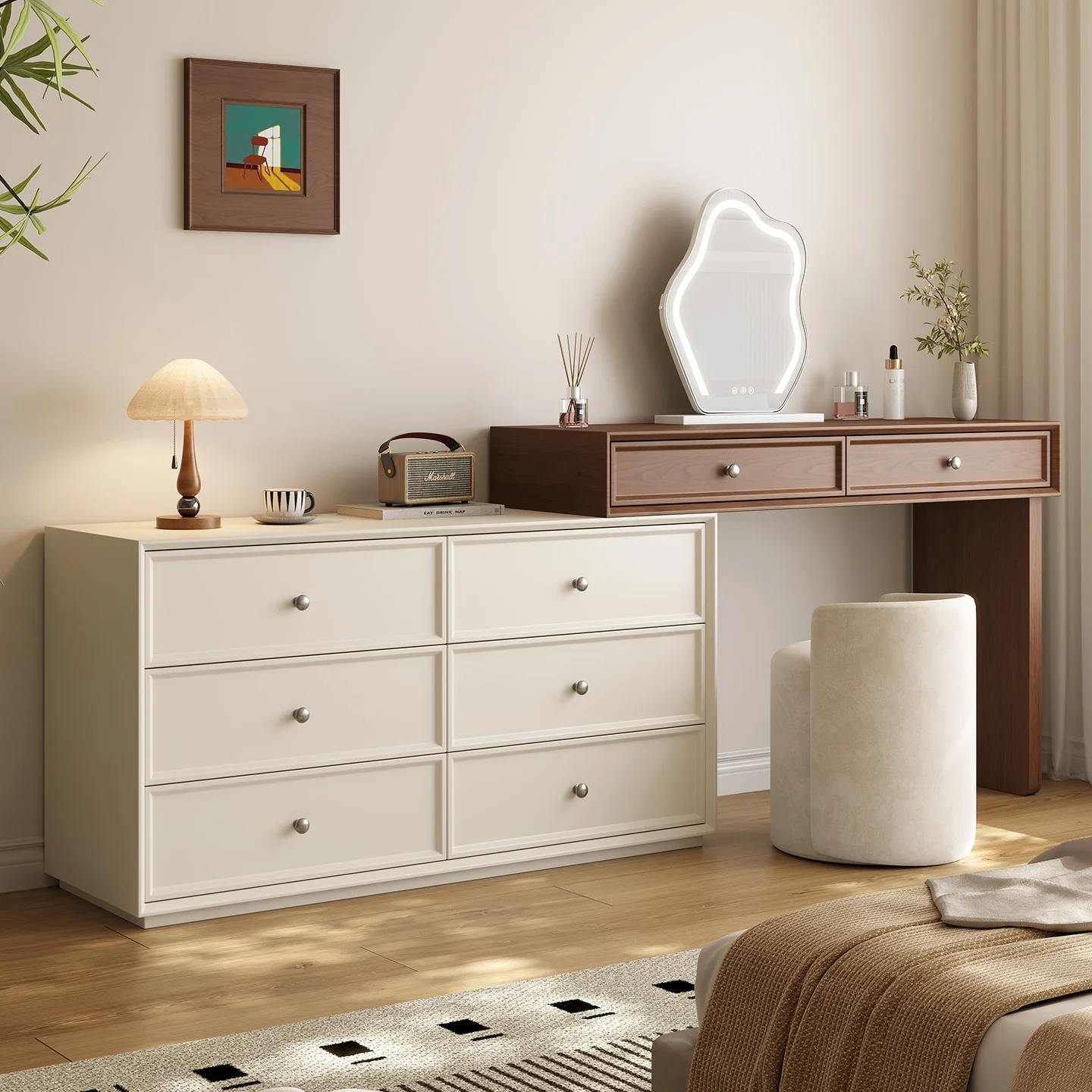 Wooden Cream Style Bedroom Dressing Table with Multi-Layer Panel Storage Cabinet Adjustable Desktop