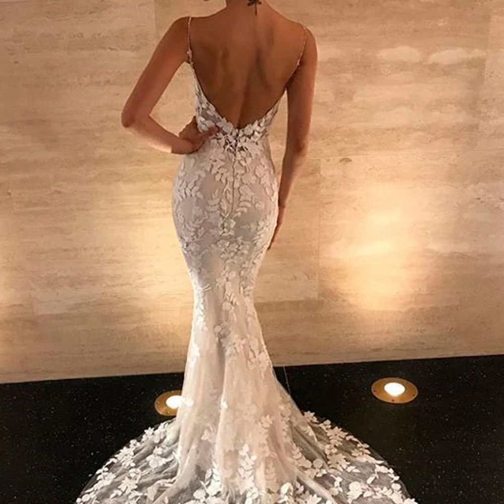 Vintage Wedding Dresses Mermaid Summer Sexy Backless V Neck Lace Spaghetti Straps Bridal Gowns Vestido De Novia Custom Made