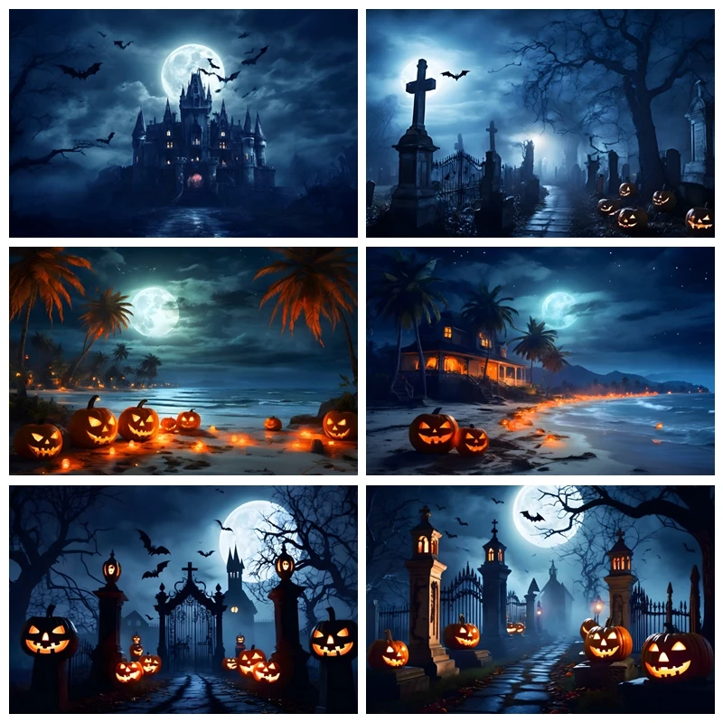 

Halloween Theme Backdrop for Photography Horror Night Scary Moon Castle Graveyard Zombie Pumkin Halloween Party Background